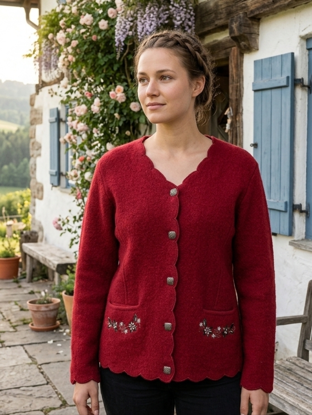 Lindor Red 100% Pure Wool Embroidered Cottagecore Cardigan Sweater Size L